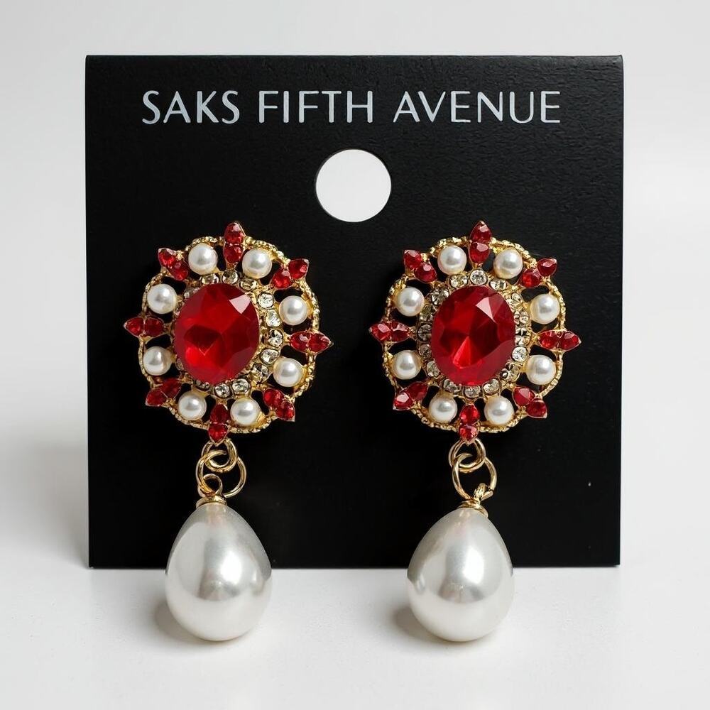 Pearl & Red Rhinestone Drop Earrings – Saks Fifth Avenue - NEW